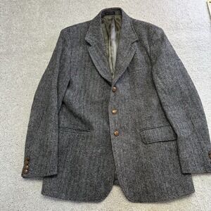 VTG Harris Tweed Orvis Blazer Mens 42L Gray Herringbone Pure New Wool Handwoven